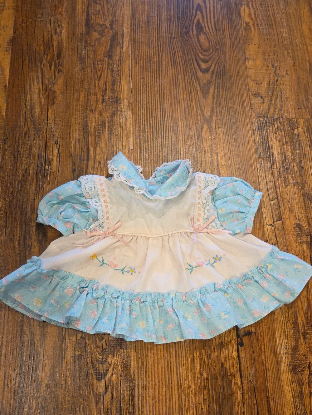 Light Blue Floral Ruffle Casual Dress for Kids with Embroidered Apron